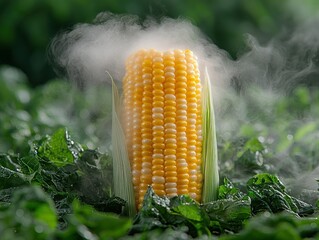 Steaming corn cob amidst lush leaves