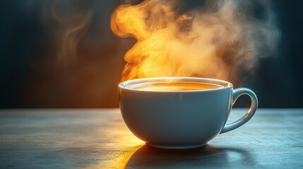 Steaming cup of tea on a table
