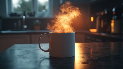 Steaming mug on kitchen counter