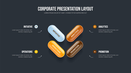 Project Launch Four Step Infographic Frame Layout. Financial Profile 4 Option Diagram Presentation Template. Professional Introduction Slideshow Design Vector Illustration.