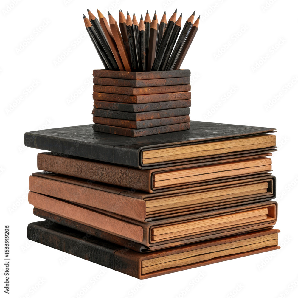 Poster stack of notebooks with wooden pencil holder filled with sharpened pencils on top, creating neat and