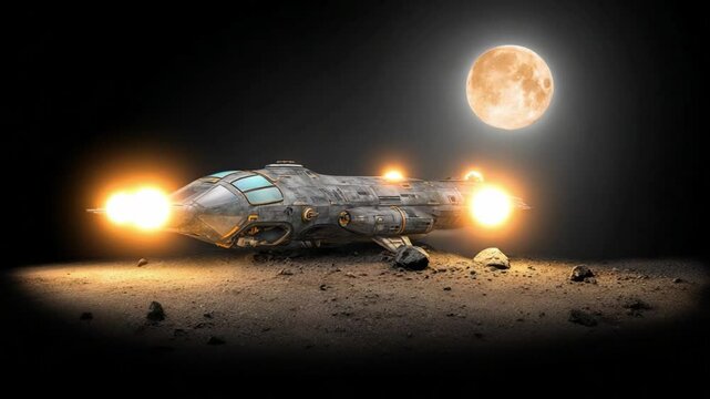 Futuristic spacecraft lander on a lunar surface with a large moon illuminated in the night sky