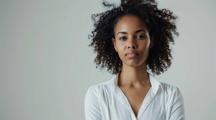 Thoughtful young woman with curly hair looking at the camera with a serious expression.