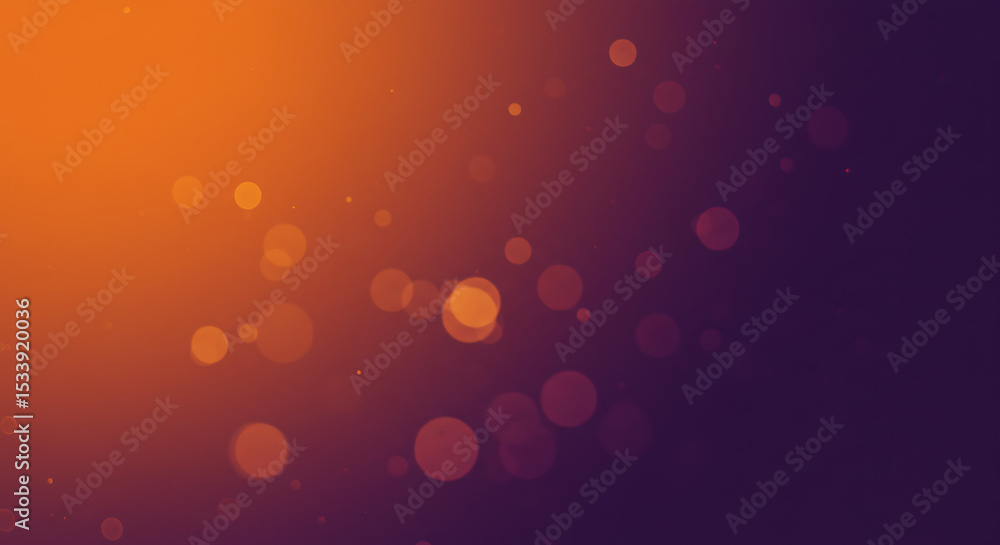Poster an abstract background with a warm orange and deep purple gradient, featuring soft, floating bokeh l