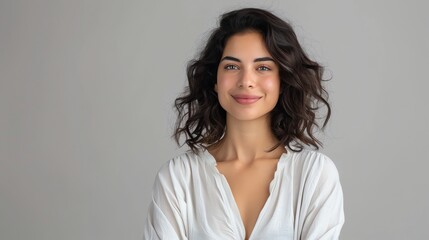 A young woman with long, dark, curly hair and light makeup is smiling at the camera.