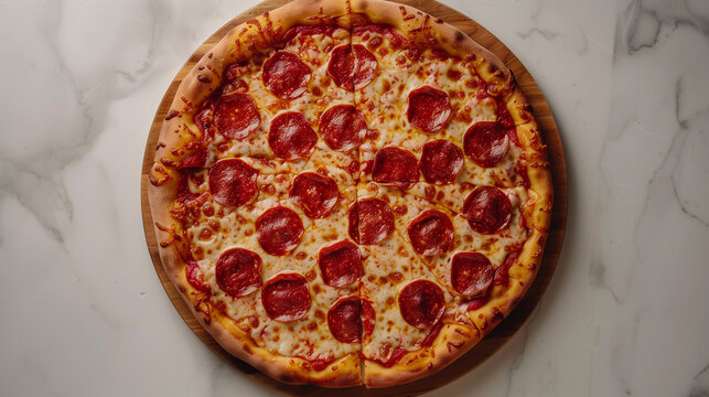 Whole pepperoni pizza, top view, melted cheese and golden crust, isolated on white background.realistic