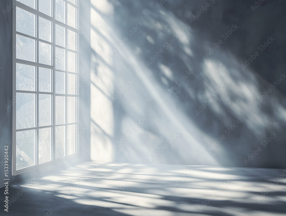 Poster light streaming through window creating shadow patterns in empty room