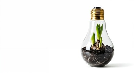 Light bulb with soil and green sprouts growing inside  