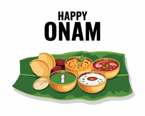 Happy Onam Feast Illustration with Traditional Kerala Sadya on Banana Leaf