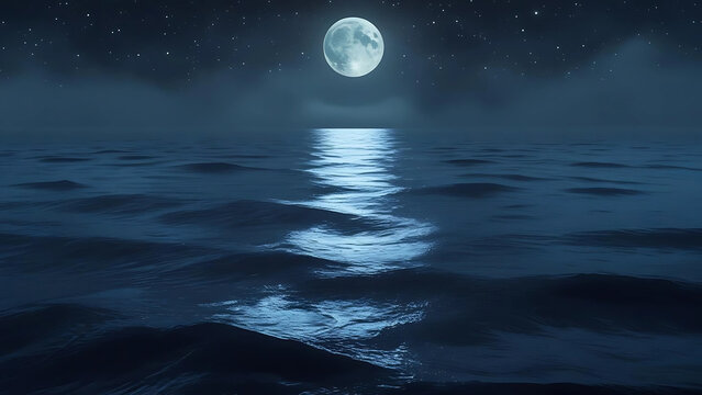 Full moon over the dark sea with starlit sky and cloud reflection