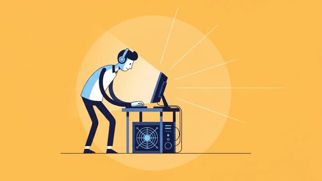 Animated gamer with headphones plays intensely on a computer, corporate Memphis and flat design.