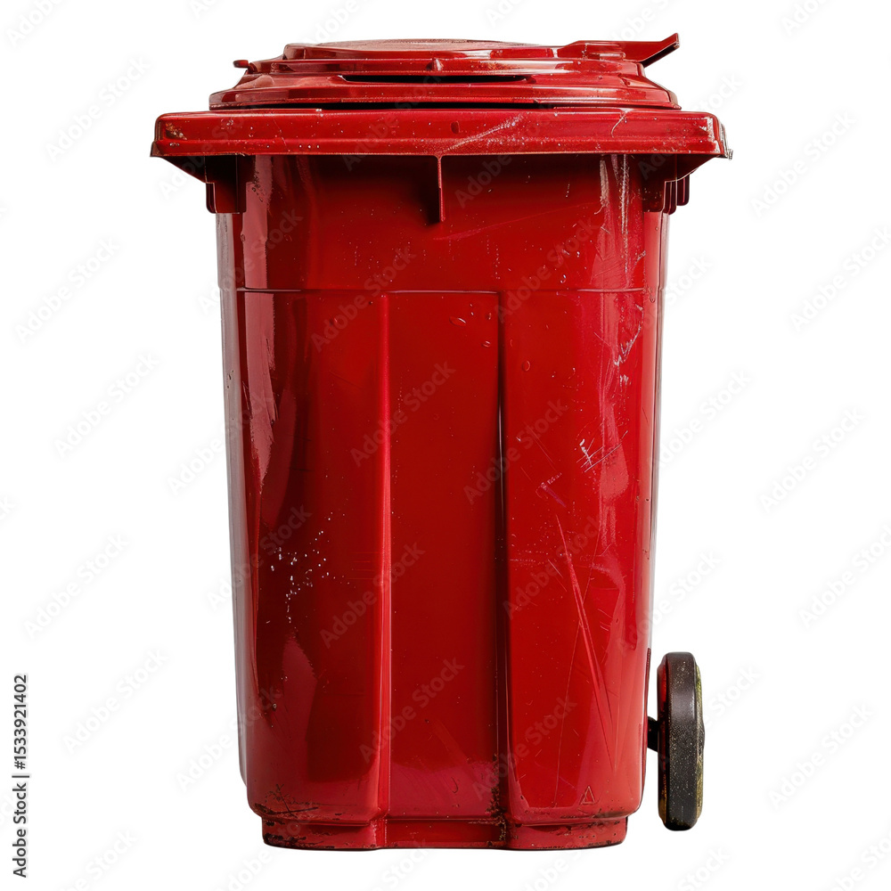 Aufkleber red trash bin stands prominently, showcasing its sturdy design and weathered surface, reflecting its