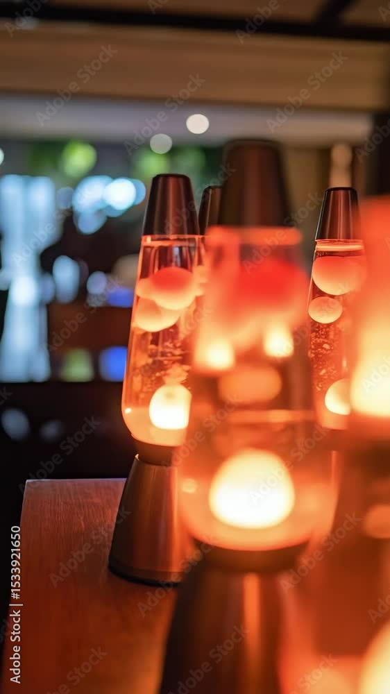 Poster several illuminated orange lava lamps arranged in a row creating a warm and retro mood lighting effe