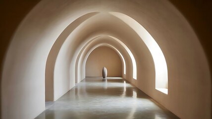 Obraz premium A serene minimalist sanctuary featuring an elegant stone sculpture beneath a rhythmic archway design