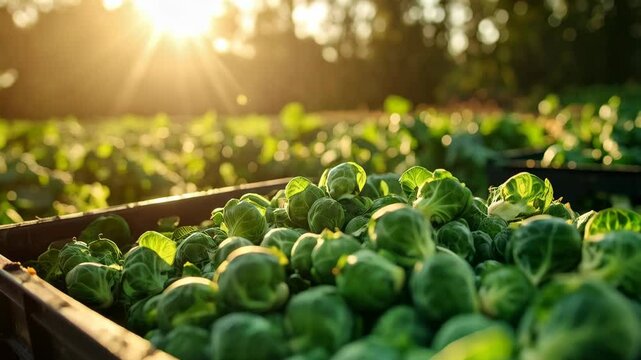 Harvested brussels sprouts filling crate at farm during sunset, agriculture and cultivation concept with vegetables in a box, rural scene.