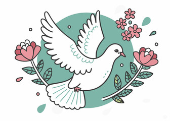 Hand drawn dove and flower minimalist logo, Icon, element vector illustration