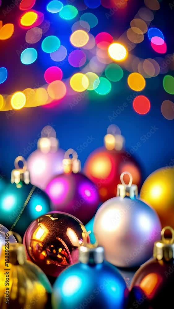 Poster close-up view of colorful christmas ornaments with bokeh lights on a shiny surface against a dark ba