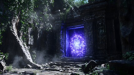 Fototapeta premium Forgotten temple with a glowing arcane portal emitting blue and purple energy carved into ancient stone rich in fantasy details