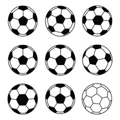 Nine Black and White Soccer Balls Graphic Illustration White Background Simple Design Sport Icon Collection