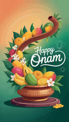 Happy Onam Festival Greeting with Fruits and Flowers Kerala Celebration