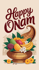 Happy Onam Festival Greeting with Fruits and Flowers Kerala Celebration