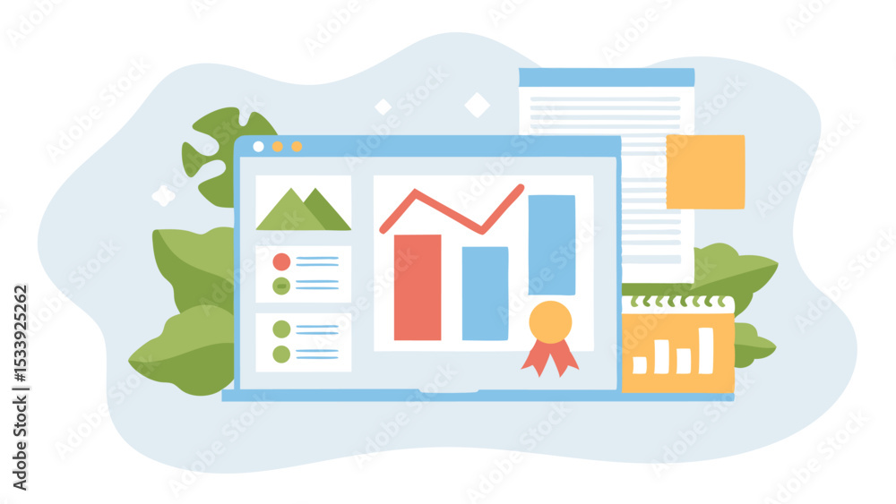 Aufkleber illustration of a data dashboard with charts, graphs, and leaves in a soft color palette design