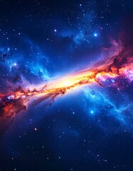 Obraz premium Epic deep-space vista: a swirling luminous nebula mixing electric blues, magentas, and fiery oranges, filled with countless stars, creating a breathtaking cosmic landscape