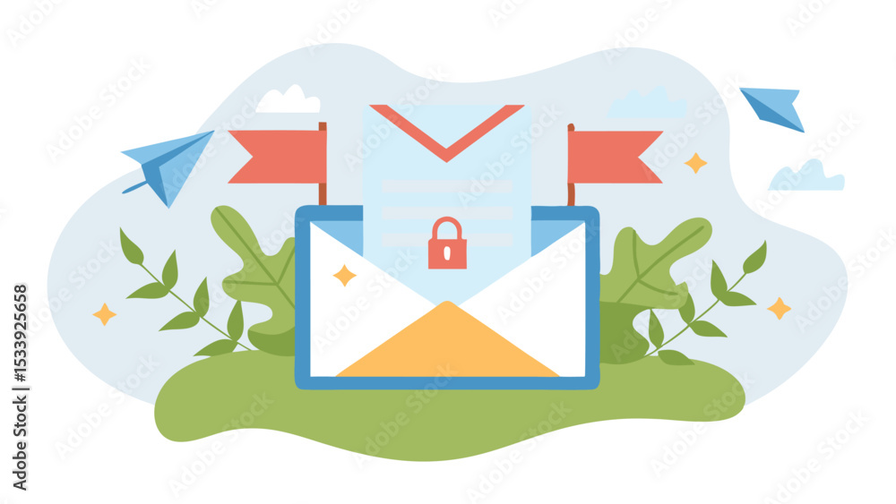 Aufkleber illustration of an open envelope with a lock and flags indicating secure communication and paper pla