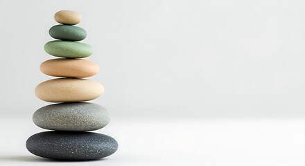 Stacked stones on white background representing balance harmony and wellness, stones, stacked stones, balance, harmony, wellness, zen, meditation, calming, peaceful, spa, nature, pebbles, stack, cairn