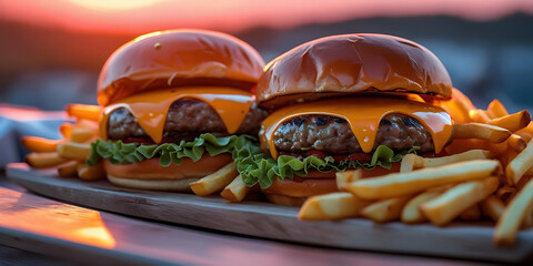 Tasty Double Cheeseburger Meal with Fries in Warm Sunset Light

