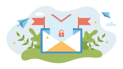 Illustration of an open envelope with a lock and flags indicating secure communication and paper planes