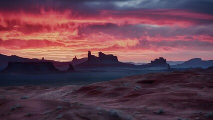 Monument Valley's Dramatic Twilight: Pink Clouds Sweep Over Iconic Buttes