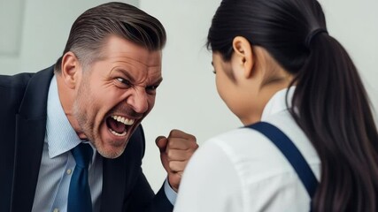 A businessman boss yelling at a female employee with clenched fists.