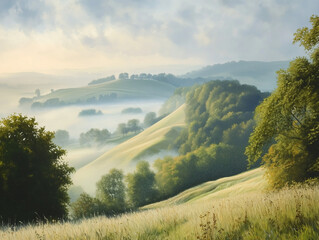 Obraz premium Misty Morning Landscape with Rolling Hills and Green Trees View
