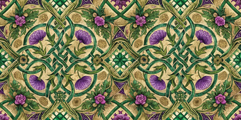 Intricate floral pattern with purple blooms and green vines on a golden background.