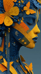 Abstract 3D Portrait Woman with Blue and Orange Floral Design