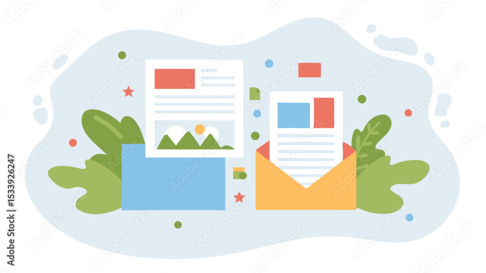 Poster illustration of an open envelope with a document next to a folder with a document on a background