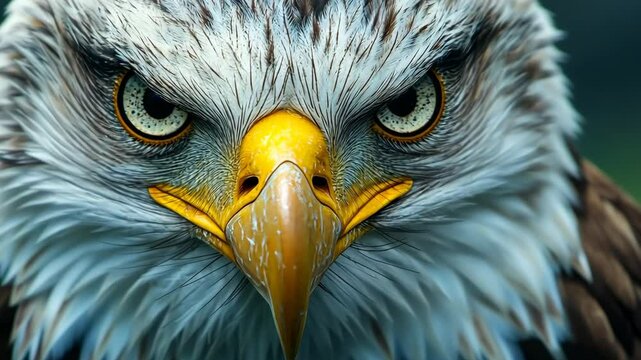 Dramatic close-up of a fierce bald eagle with a piercing stare and detailed feathers