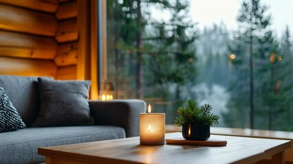 a candlelight illuminates a cozy living room in Warm log cabin, creating a peaceful atmosphere with a winter forest view - Powered by Adobe