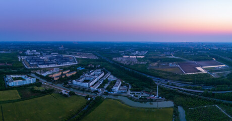 Aerial view of urban scenery in the suburbs at night, Shanghai.
