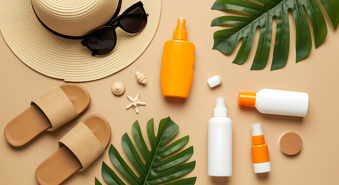 Summer vacation essentials flat lay with sunscreen hat and tropical leaves, summer, vacation, flat lay, sunscreen, hat, sunglasses, sandals, flip flops, tropical, leaves, monstera, beach, holiday, tra - Powered by Adobe