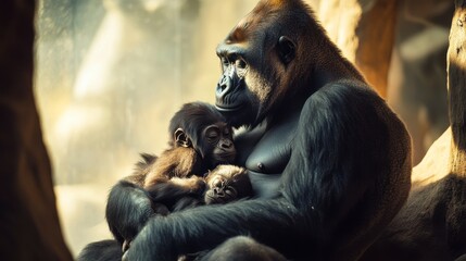 A mother gorilla gently cradles her two sleeping babies in her arms.