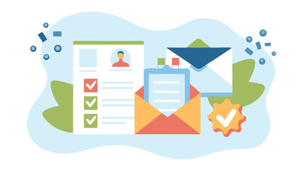 Obraz premium Illustration showing a document with check marks, an envelope, and a confirmation badge icon