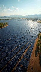 Vast solar farm, sustainable energy, aerial view of solar panels, clear blue sky