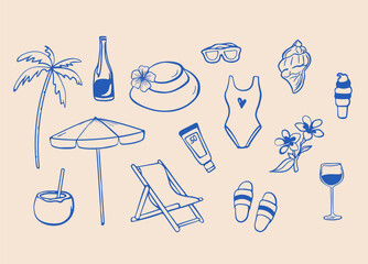 Collection of hand-drawn blue summer icons including swimsuit, hat, coconut, umbrella, wine glass, and beach elements on beige background