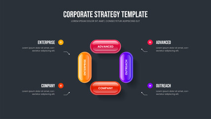 Investor Proposal 4 Element Diagram Frame Layout. Corporate Plan Four Option Infographic Slide Design. Consulting Profile Presentation Template Vector Illustration.