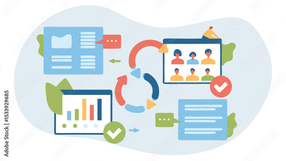 Poster illustration depicting a business process workflow with charts and team collaboration elements shown