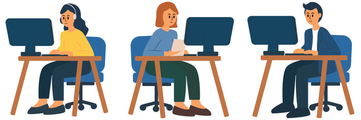 set peple sitting working at a computer on transparent background, Flat Style