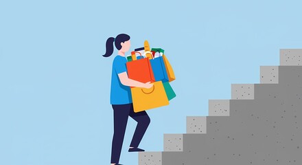 Woman Ascending Steps Carrying Colorful Shopping Bags