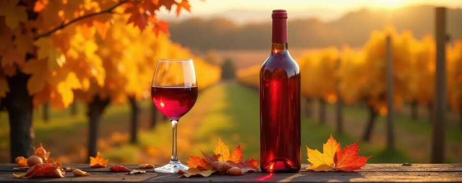 Autumn wine bottle, glass, golden leaves, vineyard setting, crimson, harvest, drinkware